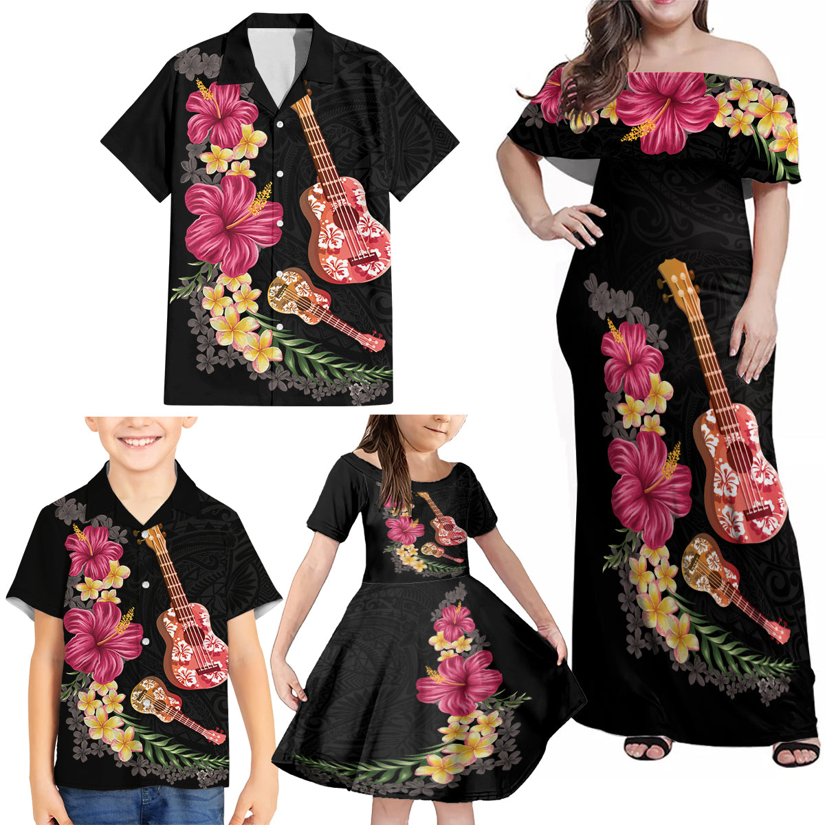 Ukulele mix Polynesian Flower Family Matching Off Shoulder Maxi Dress and Hawaiian Shirt Hawaiian Tribal Pattern LT03 - Polynesian Pride