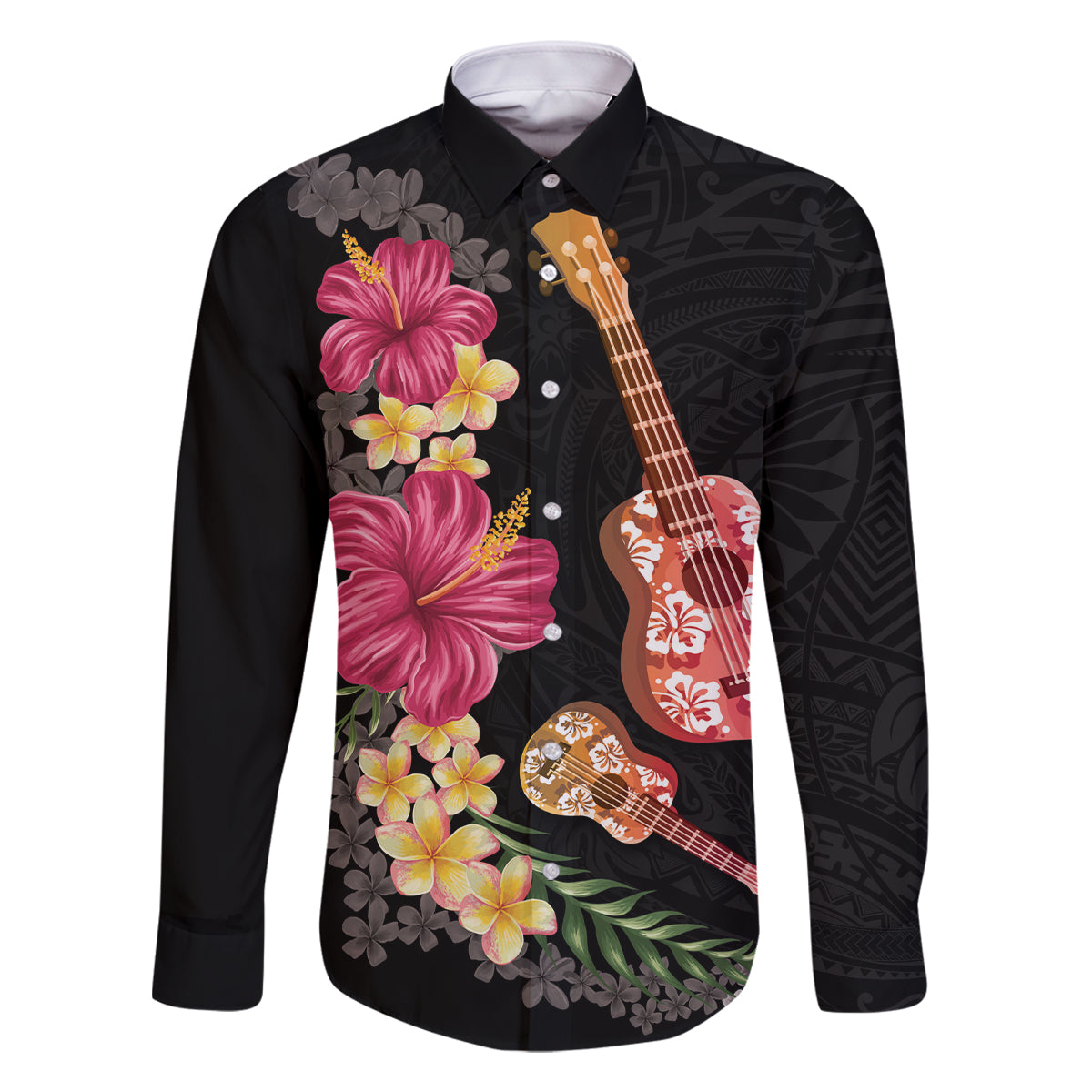 Ukulele mix Polynesian Flower Family Matching Off Shoulder Maxi Dress and Hawaiian Shirt Hawaiian Tribal Pattern LT03 Dad's Shirt - Long Sleeve Black - Polynesian Pride
