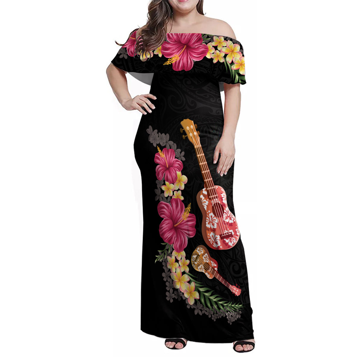 Ukulele mix Polynesian Flower Family Matching Off Shoulder Maxi Dress and Hawaiian Shirt Hawaiian Tribal Pattern LT03 Mom's Dress Black - Polynesian Pride