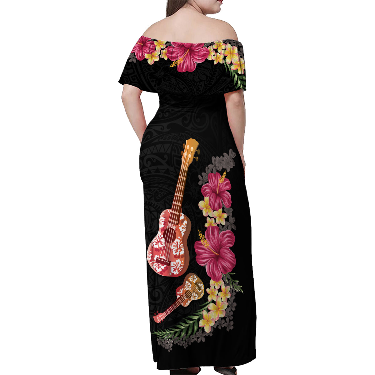 Ukulele mix Polynesian Flower Family Matching Off Shoulder Maxi Dress and Hawaiian Shirt Hawaiian Tribal Pattern LT03 - Polynesian Pride