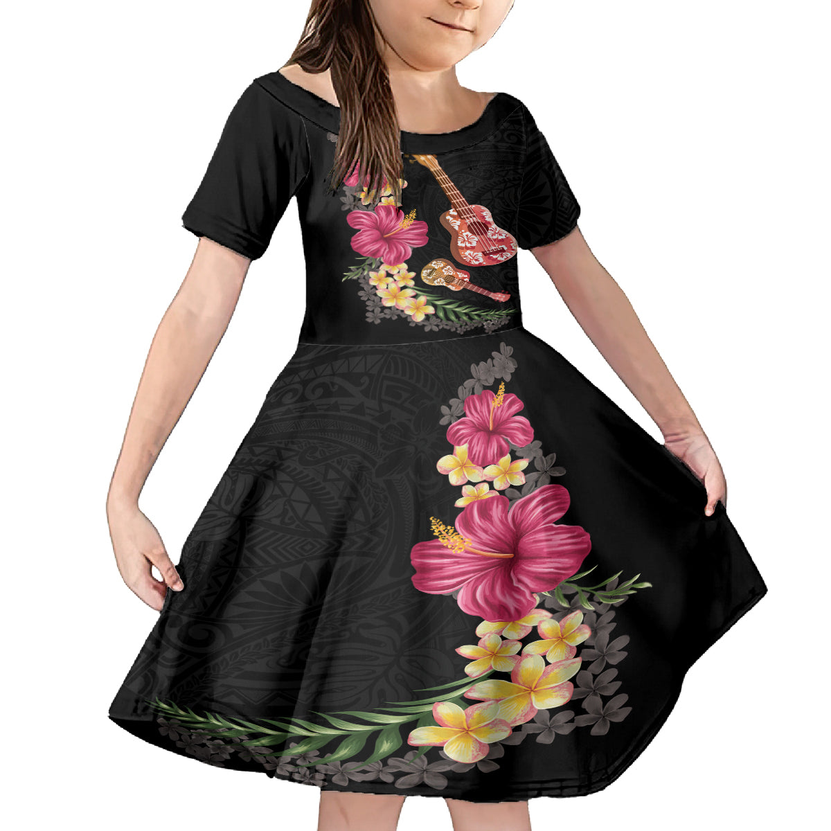 Ukulele mix Polynesian Flower Family Matching Off Shoulder Short Dress and Hawaiian Shirt Hawaiian Tribal Pattern LT03 Daughter's Dress Black - Polynesian Pride