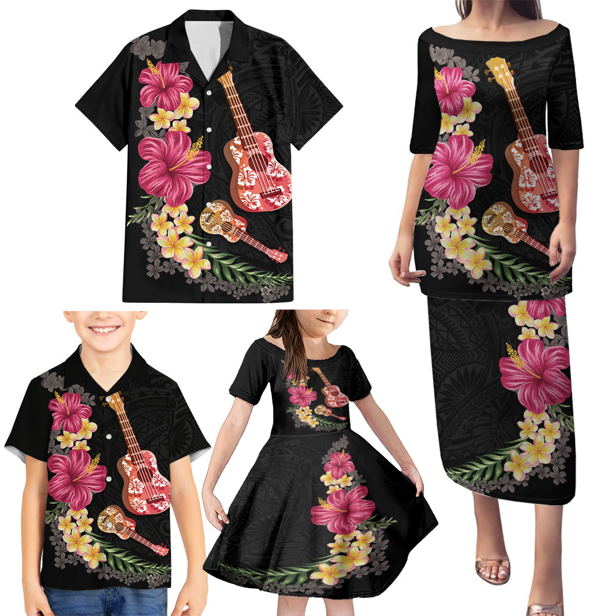 Ukulele mix Polynesian Flower Family Matching Puletasi and Hawaiian Shirt Hawaiian Tribal Pattern LT03 - Polynesian Pride