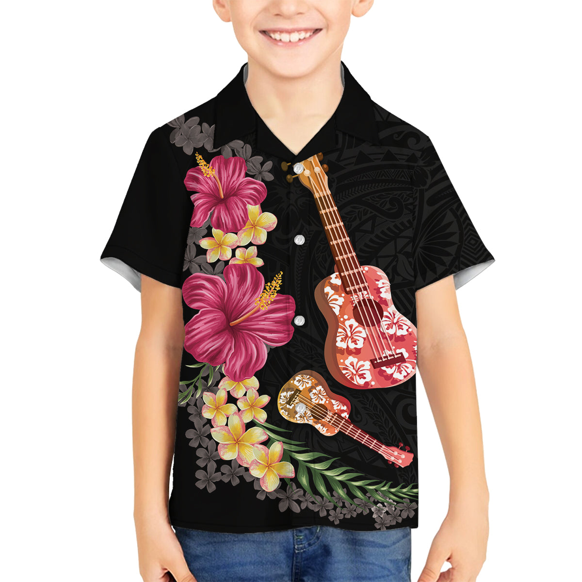 Ukulele mix Polynesian Flower Family Matching Puletasi and Hawaiian Shirt Hawaiian Tribal Pattern LT03 Son's Shirt Black - Polynesian Pride