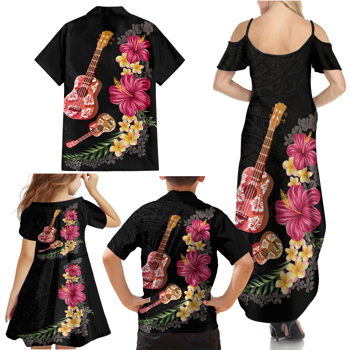 Ukulele mix Polynesian Flower Family Matching Summer Maxi Dress and Hawaiian Shirt Hawaiian Tribal Pattern LT03 - Polynesian Pride