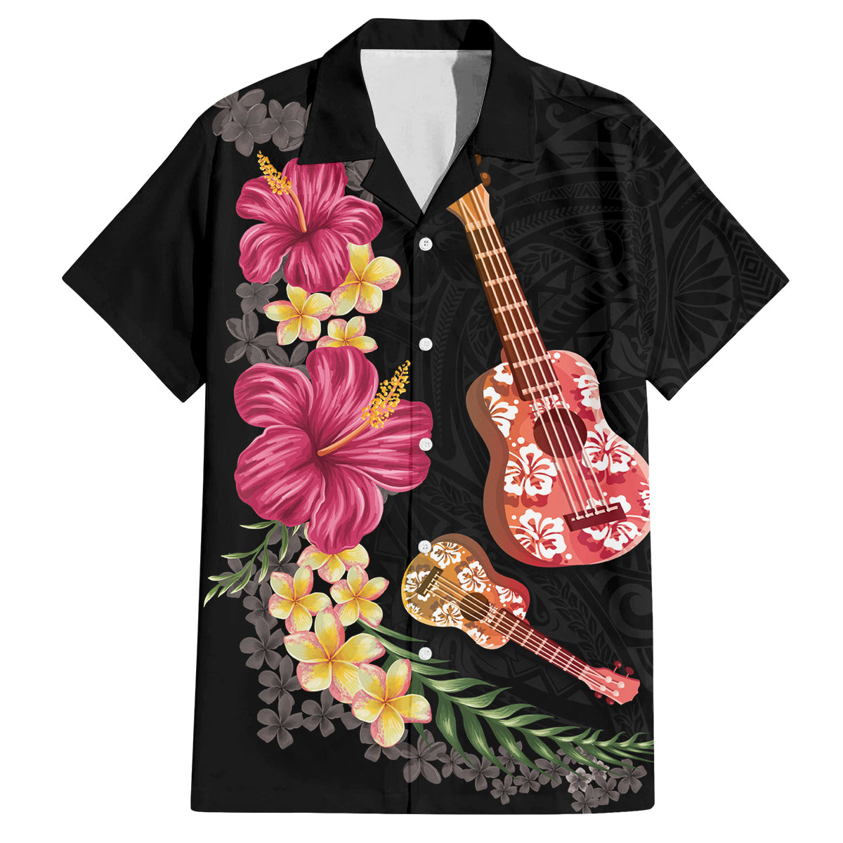 Ukulele mix Polynesian Flower Family Matching Tank Maxi Dress and Hawaiian Shirt Hawaiian Tribal Pattern LT03 Dad's Shirt - Short Sleeve Black - Polynesian Pride