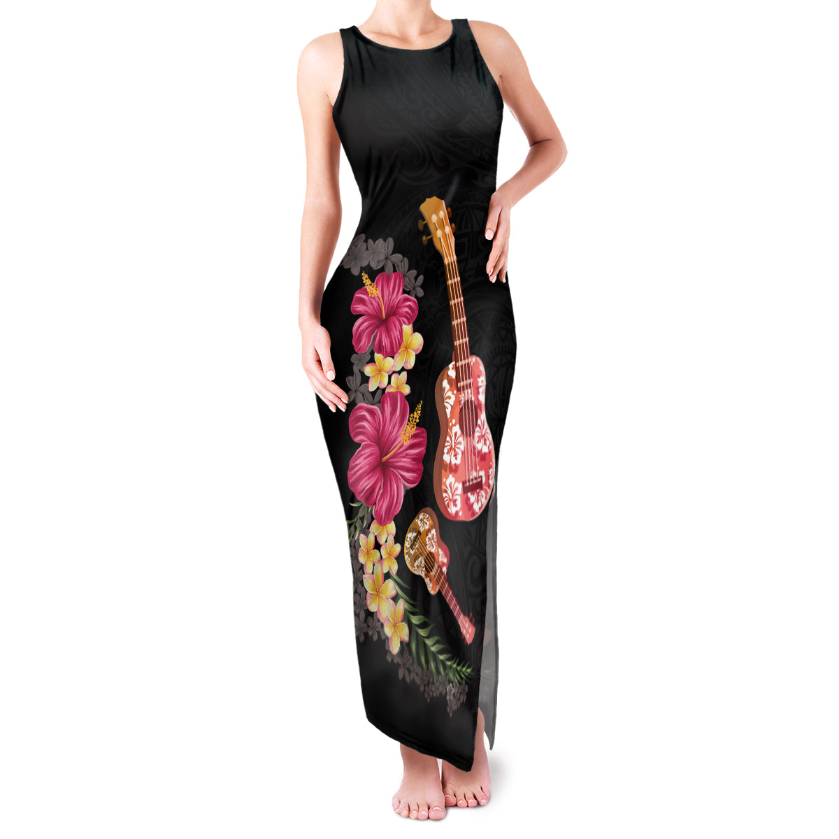 Ukulele mix Polynesian Flower Family Matching Tank Maxi Dress and Hawaiian Shirt Hawaiian Tribal Pattern LT03 Mom's Dress Black - Polynesian Pride