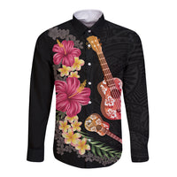 Ukulele mix Polynesian Flower Long Sleeve Button Shirt Hawaiian Tribal Pattern