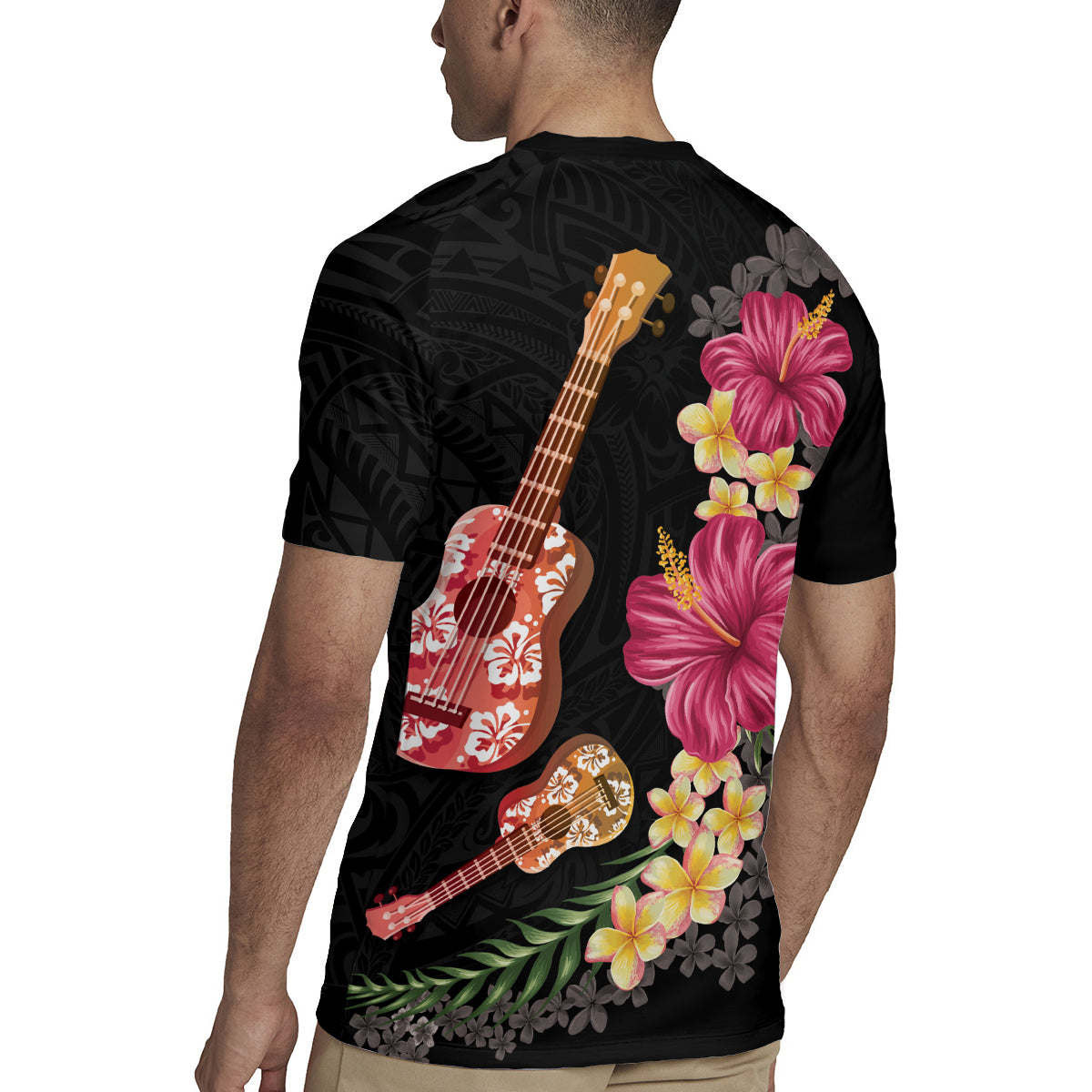 Ukulele mix Polynesian Flower Rugby Jersey Hawaiian Tribal Pattern