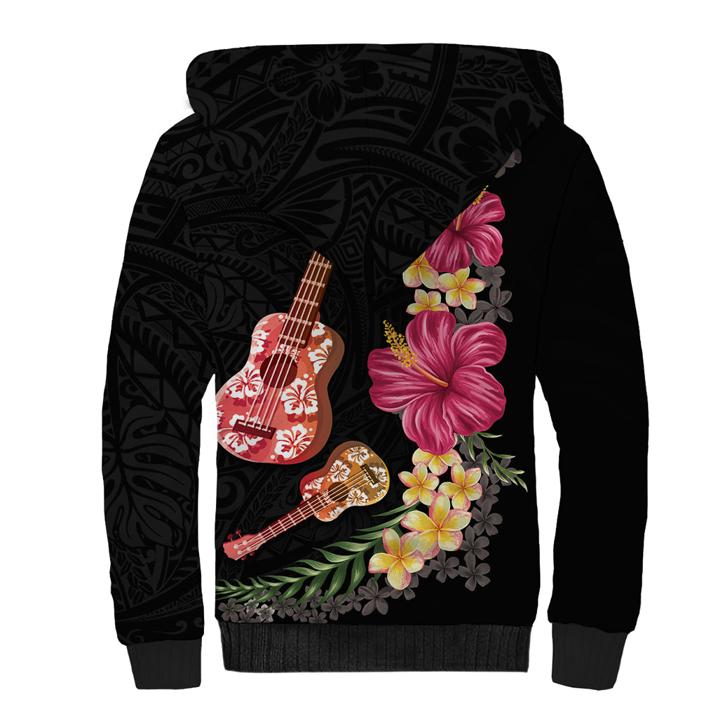 Ukulele mix Polynesian Flower Sherpa Hoodie Hawaiian Tribal Pattern