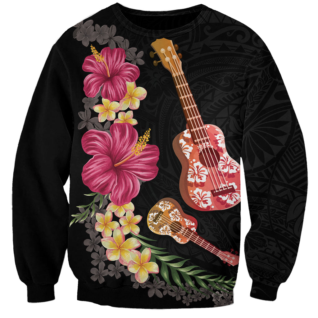 Ukulele mix Polynesian Flower Sweatshirt Hawaiian Tribal Pattern LT03 Unisex Black - Polynesian Pride