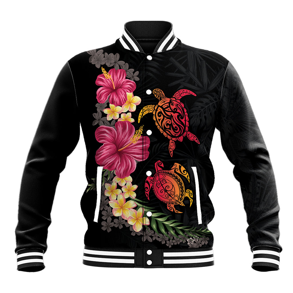 Hawaiian Flower and Tribal Turtle Baseball Jacket Colorful Style