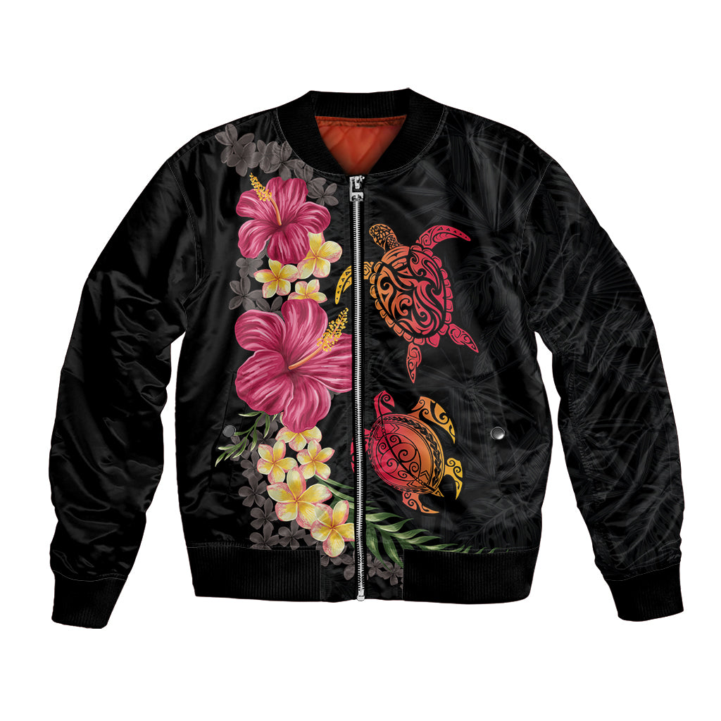 Hawaiian Flower and Tribal Turtle Bomber Jacket Colorful Style