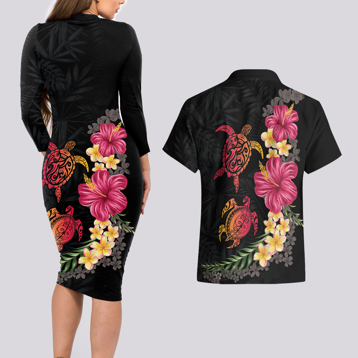 Hawaiian Flower and Tribal Turtle Couples Matching Long Sleeve Bodycon Dress and Hawaiian Shirt Colorful Style