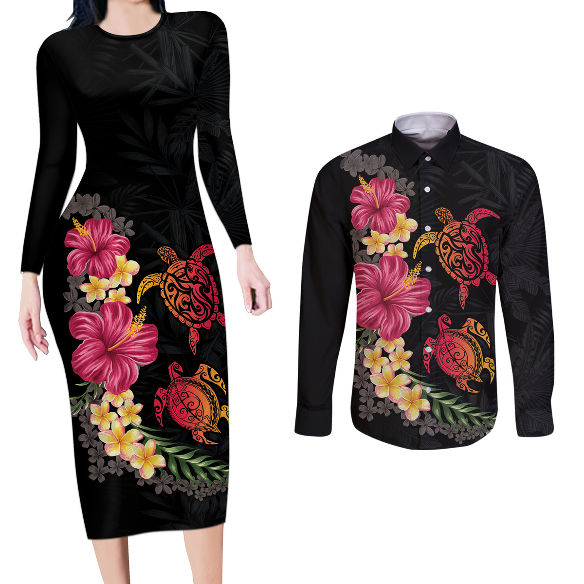 Hawaiian Flower and Tribal Turtle Couples Matching Long Sleeve Bodycon Dress and Long Sleeve Button Shirt Colorful Style LT03 Black - Polynesian Pride