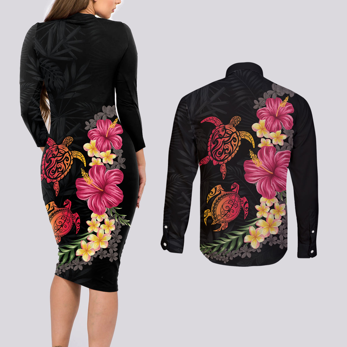 Hawaiian Flower and Tribal Turtle Couples Matching Long Sleeve Bodycon Dress and Long Sleeve Button Shirt Colorful Style LT03 - Polynesian Pride