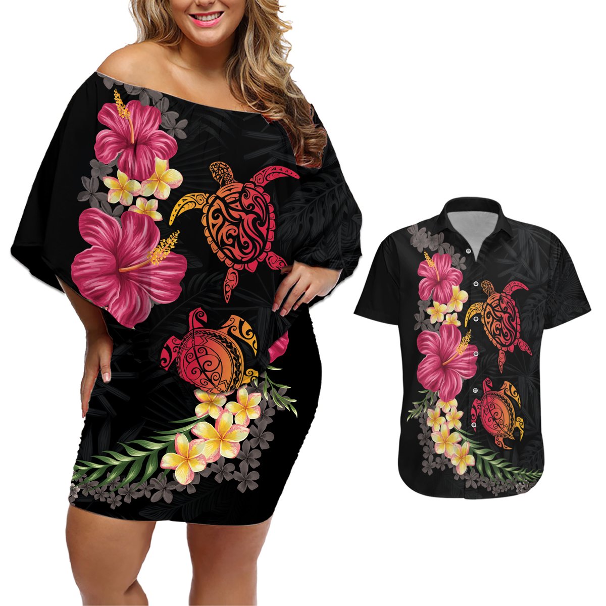 Hawaiian Flower and Tribal Turtle Couples Matching Off Shoulder Short Dress and Hawaiian Shirt Colorful Style LT03 Black - Polynesian Pride