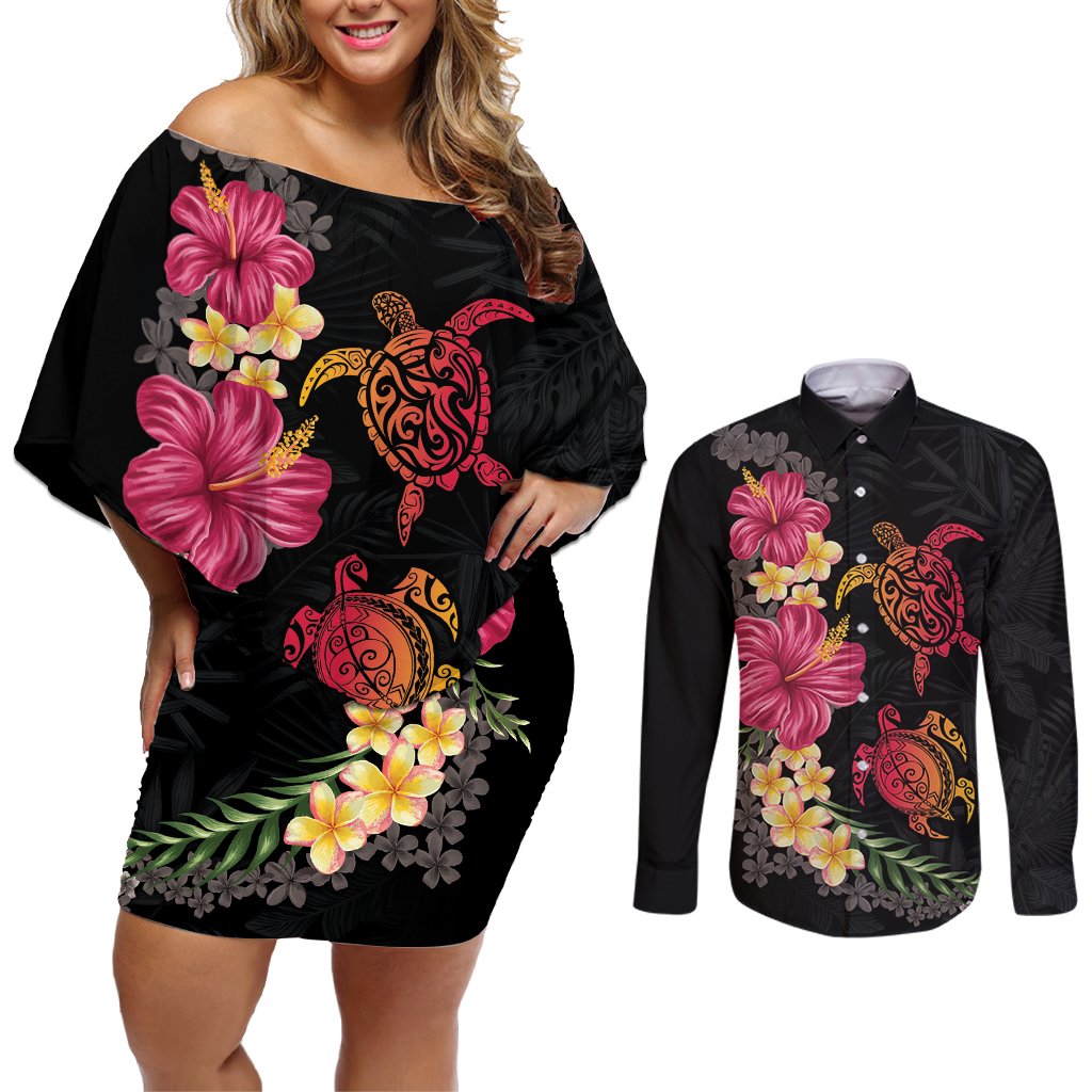 Hawaiian Flower and Tribal Turtle Couples Matching Off Shoulder Short Dress and Long Sleeve Button Shirt Colorful Style LT03 Black - Polynesian Pride