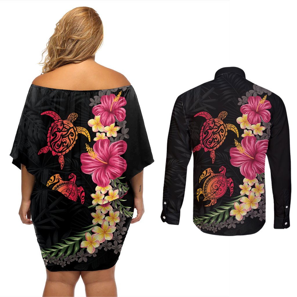 Hawaiian Flower and Tribal Turtle Couples Matching Off Shoulder Short Dress and Long Sleeve Button Shirt Colorful Style LT03 - Polynesian Pride
