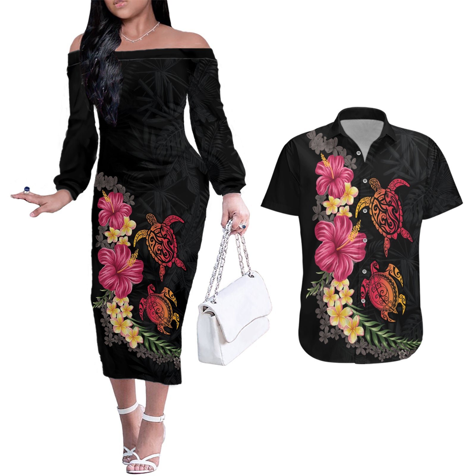 Hawaiian Flower and Tribal Turtle Couples Matching Off The Shoulder Long Sleeve Dress and Hawaiian Shirt Colorful Style