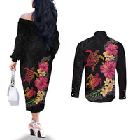 Hawaiian Flower and Tribal Turtle Couples Matching Off The Shoulder Long Sleeve Dress and Long Sleeve Button Shirt Colorful Style LT03 - Polynesian Pride