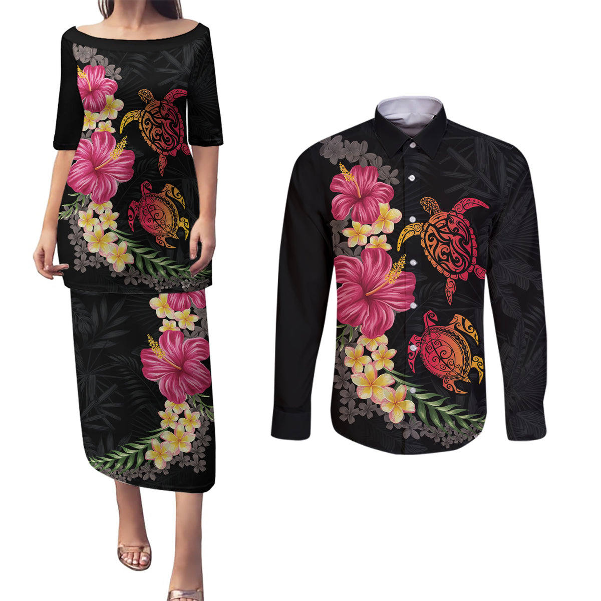 Hawaiian Flower and Tribal Turtle Couples Matching Puletasi and Long Sleeve Button Shirt Colorful Style