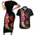 Hawaiian Flower and Tribal Turtle Couples Matching Short Sleeve Bodycon Dress and Hawaiian Shirt Colorful Style