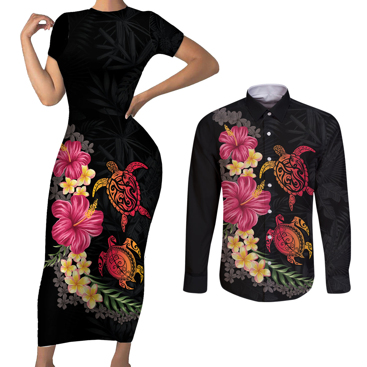 Hawaiian Flower and Tribal Turtle Couples Matching Short Sleeve Bodycon Dress and Long Sleeve Button Shirt Colorful Style LT03 Black - Polynesian Pride