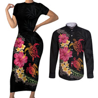 Hawaiian Flower and Tribal Turtle Couples Matching Short Sleeve Bodycon Dress and Long Sleeve Button Shirt Colorful Style LT03 Black - Polynesian Pride
