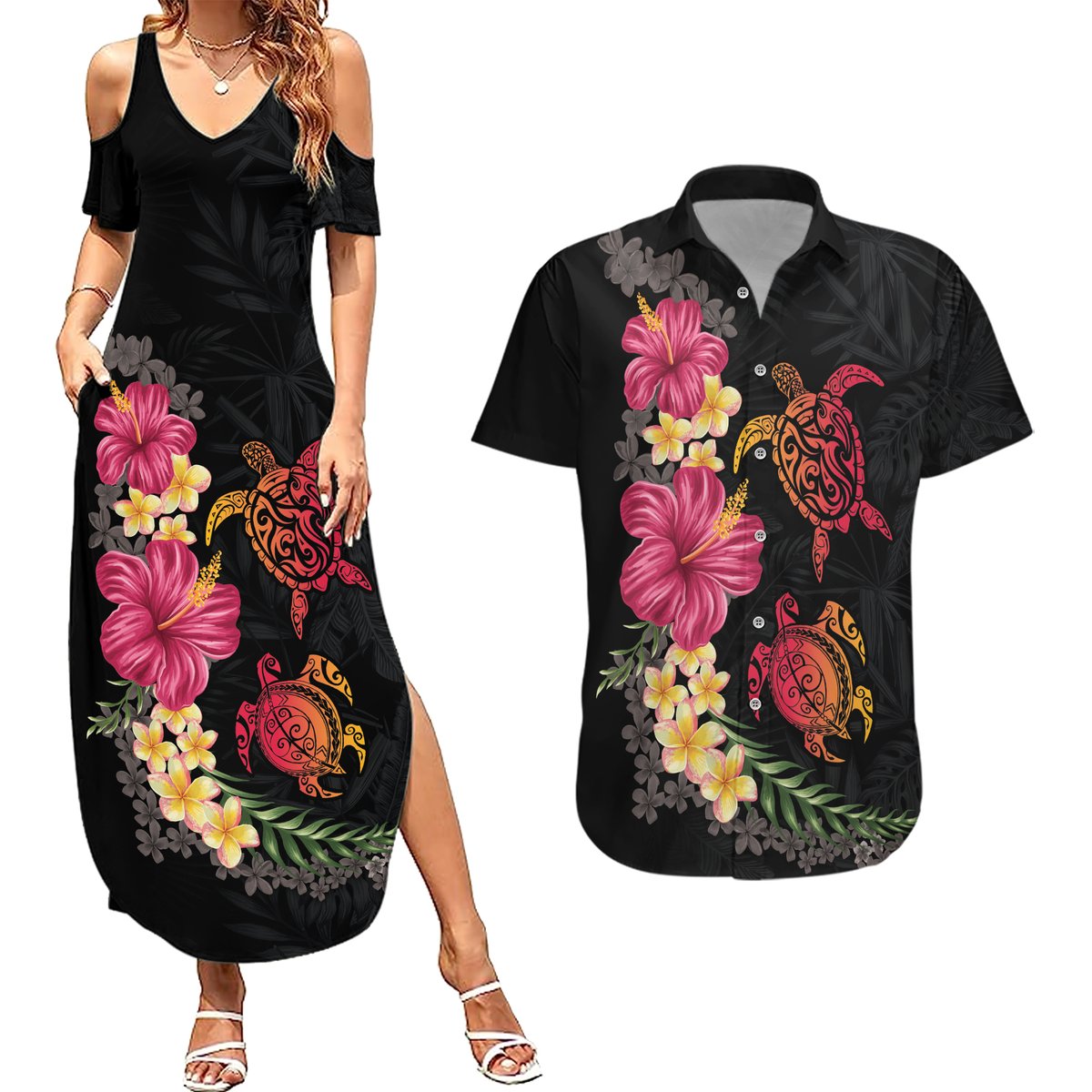 Hawaiian Flower and Tribal Turtle Couples Matching Summer Maxi Dress and Hawaiian Shirt Colorful Style LT03 Black - Polynesian Pride