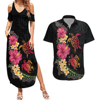 Hawaiian Flower and Tribal Turtle Couples Matching Summer Maxi Dress and Hawaiian Shirt Colorful Style LT03 Black - Polynesian Pride