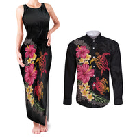 Hawaiian Flower and Tribal Turtle Couples Matching Tank Maxi Dress and Long Sleeve Button Shirt Colorful Style LT03 Black - Polynesian Pride