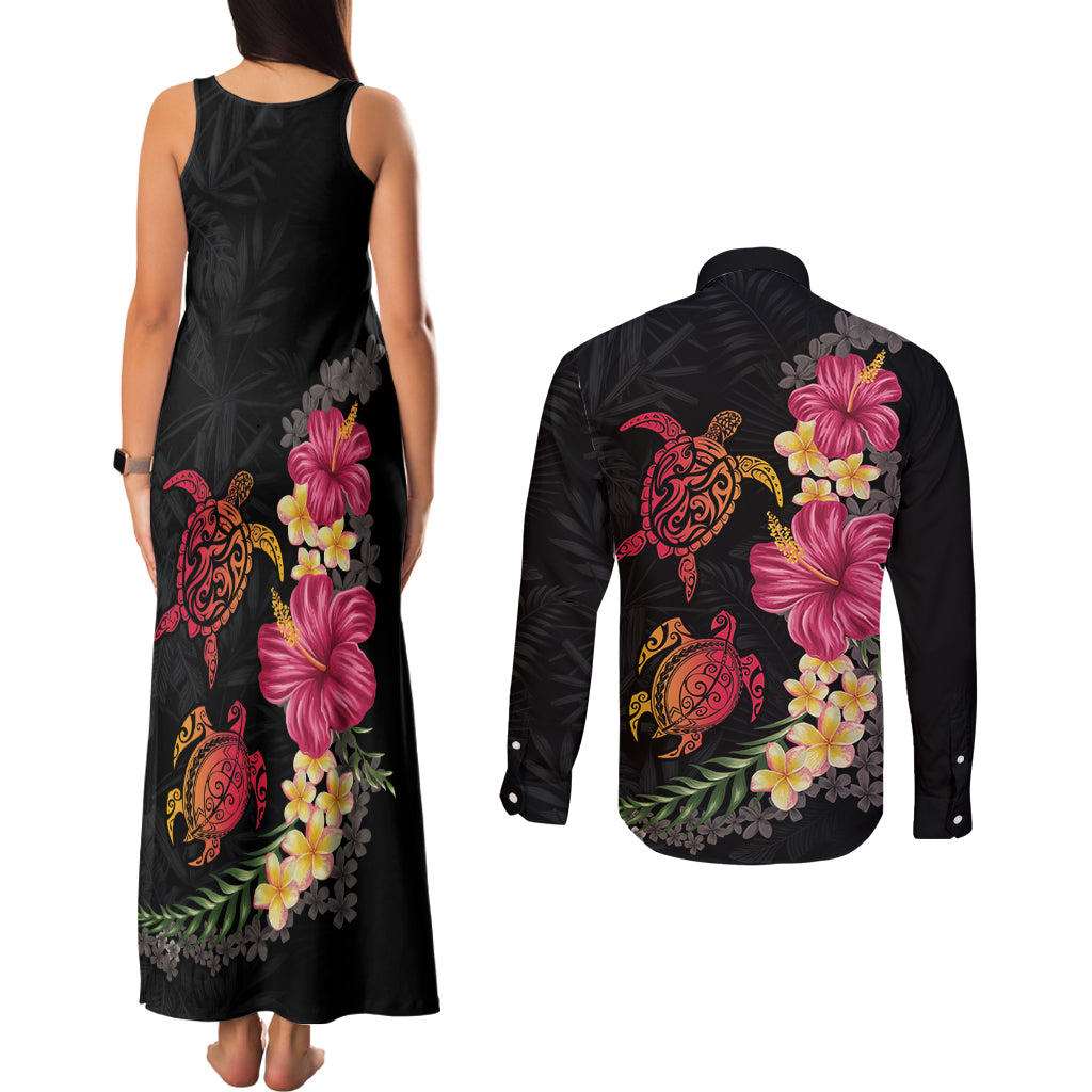 Hawaiian Flower and Tribal Turtle Couples Matching Tank Maxi Dress and Long Sleeve Button Shirt Colorful Style LT03 - Polynesian Pride
