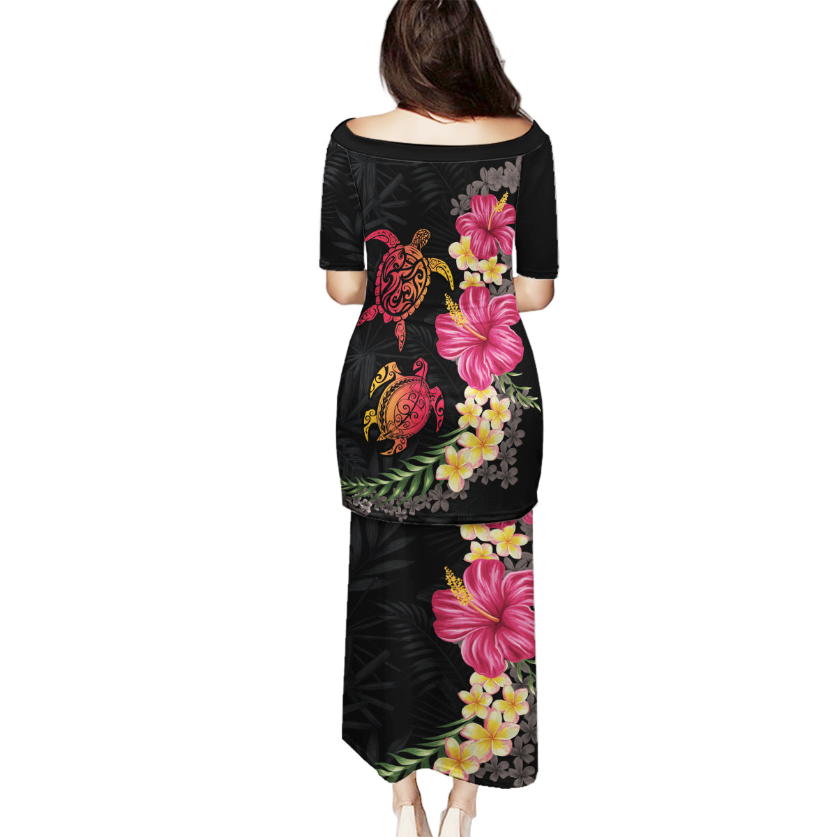 Hawaiian Flower and Tribal Turtle Family Matching Puletasi and Hawaiian Shirt Colorful Style