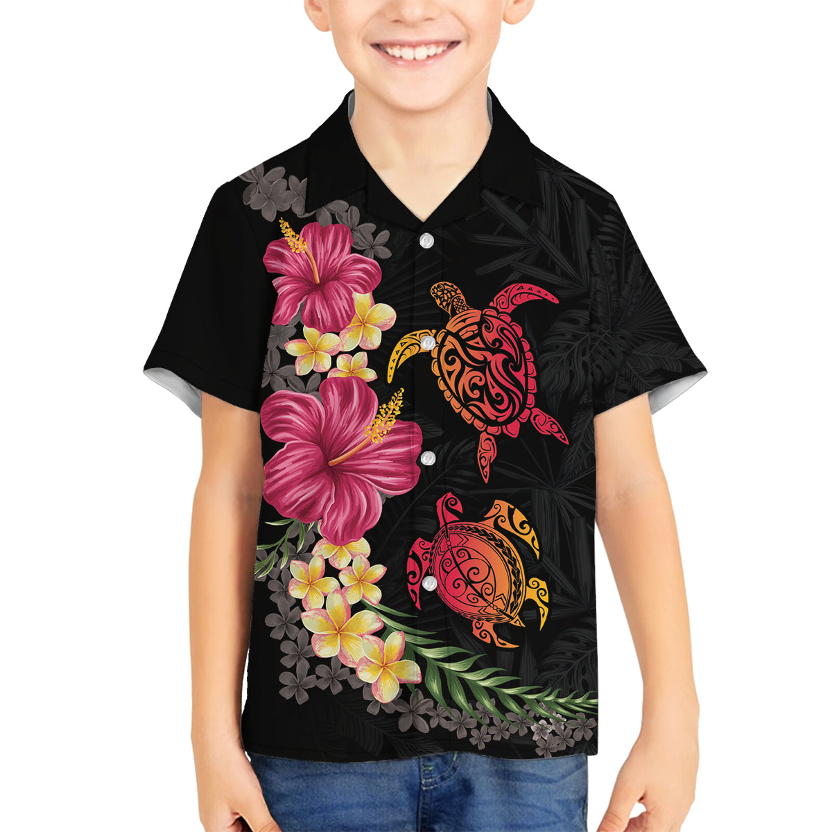 Hawaiian Flower and Tribal Turtle Family Matching Puletasi and Hawaiian Shirt Colorful Style