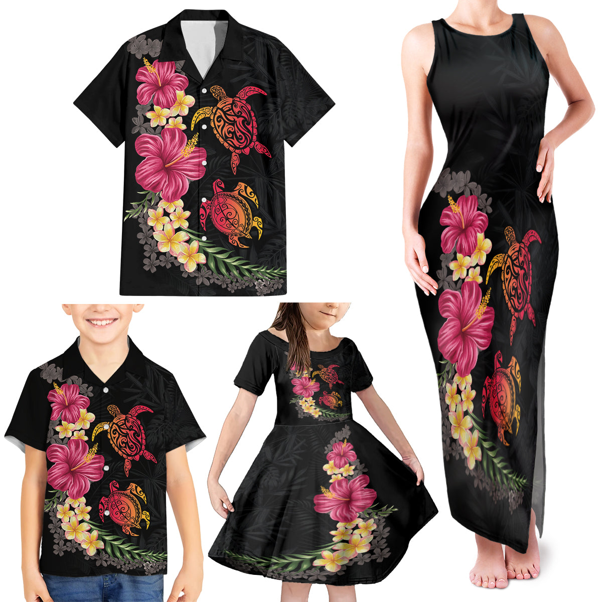 Hawaiian Flower and Tribal Turtle Family Matching Tank Maxi Dress and Hawaiian Shirt Colorful Style
