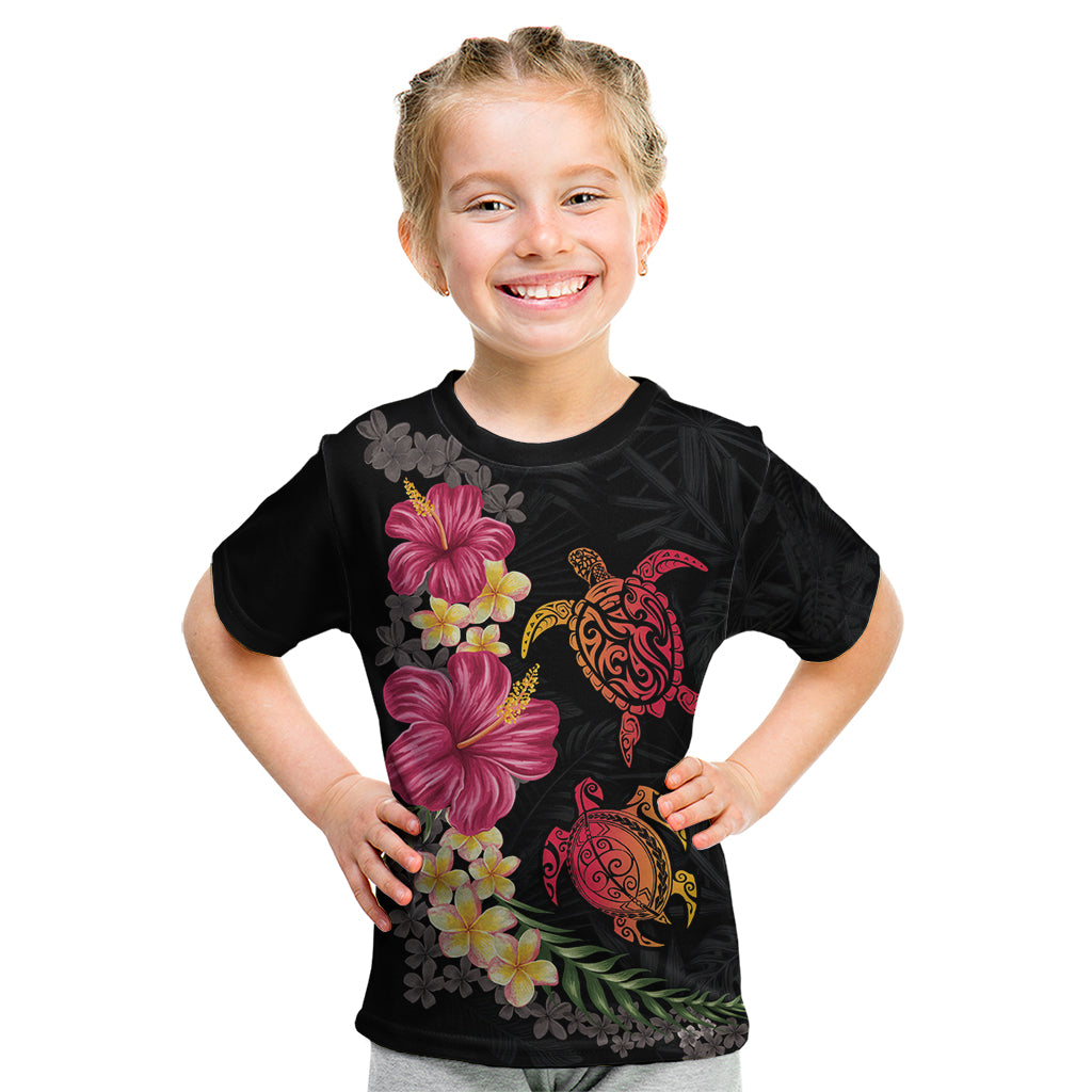 Hawaiian Flower and Tribal Turtle Kid T Shirt Colorful Style LT03 Black - Polynesian Pride