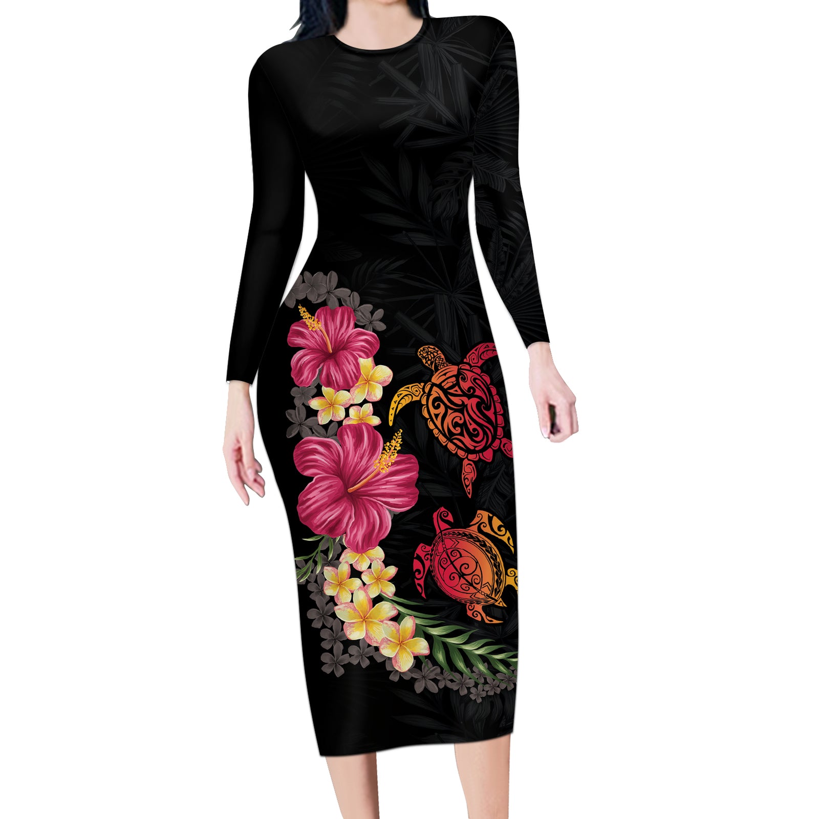 Hawaiian Flower and Tribal Turtle Long Sleeve Bodycon Dress Colorful Style