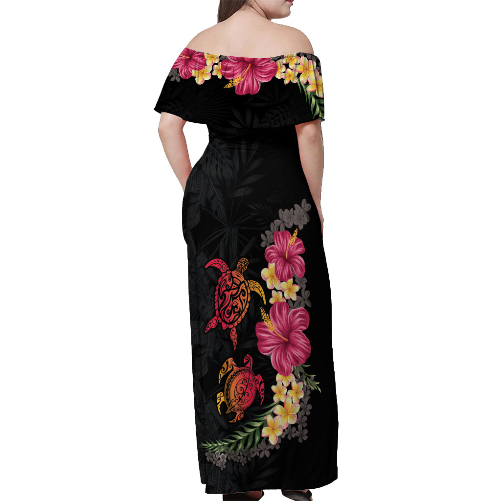 Hawaiian Flower and Tribal Turtle Off Shoulder Maxi Dress Colorful Style