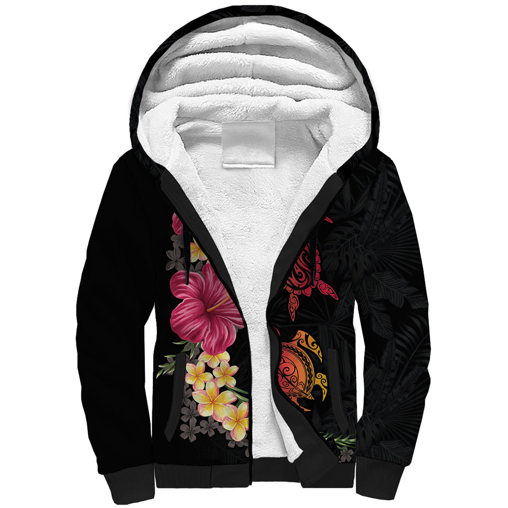 Hawaiian Flower and Tribal Turtle Sherpa Hoodie Colorful Style
