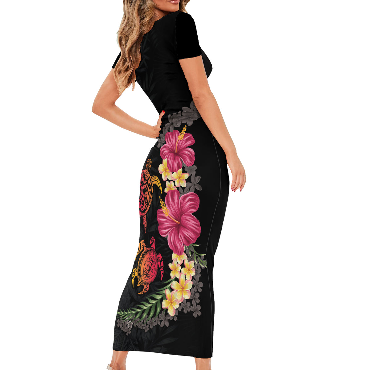 Hawaiian Flower and Tribal Turtle Short Sleeve Bodycon Dress Colorful Style