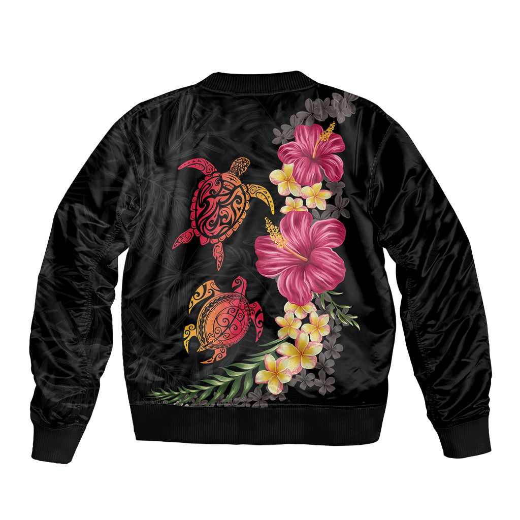 Hawaiian Flower and Tribal Turtle Sleeve Zip Bomber Jacket Colorful Style