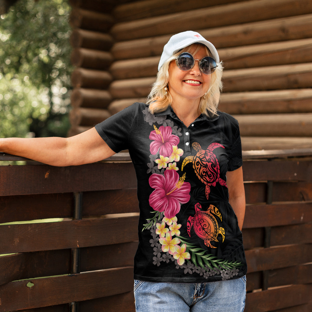 Hawaiian Flower and Tribal Turtle Women Polo Shirt Colorful Style