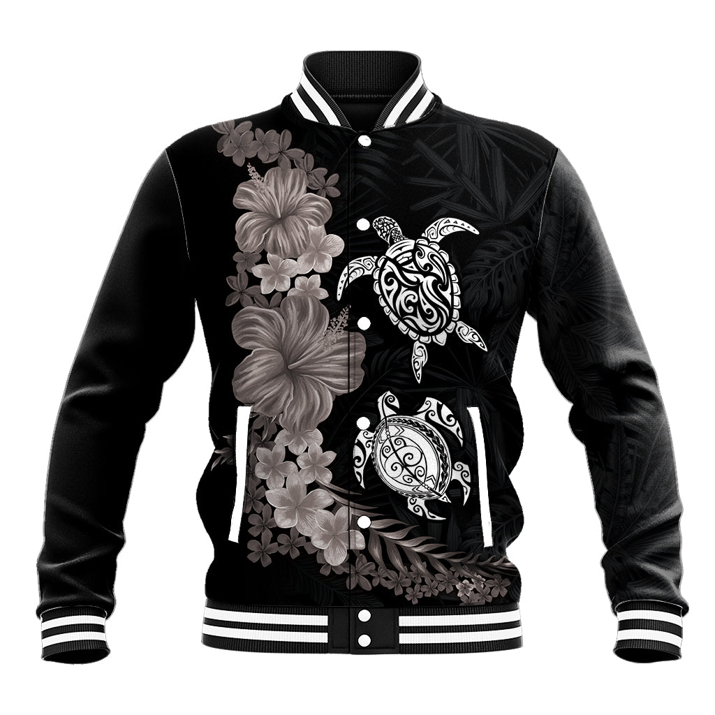 Hawaiian Flower and Tribal Turtle Baseball Jacket Grayscale Mode LT03 Unisex Black - Polynesian Pride