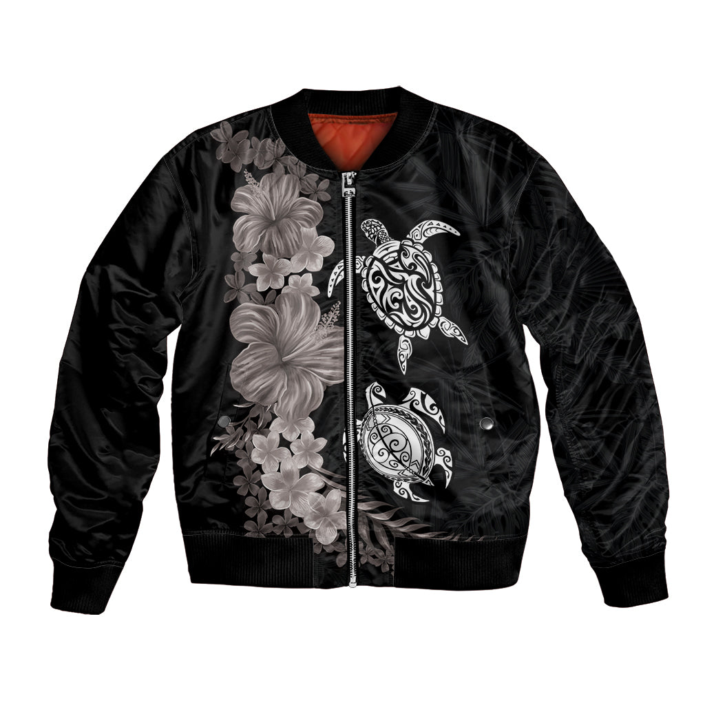 Hawaiian Flower and Tribal Turtle Bomber Jacket Grayscale Mode