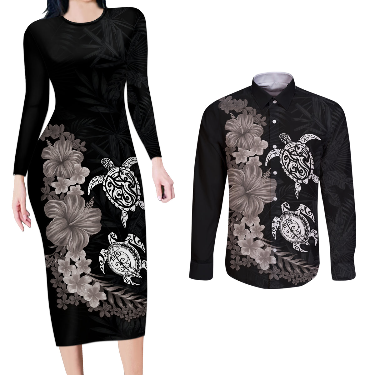 Hawaiian Flower and Tribal Turtle Couples Matching Long Sleeve Bodycon Dress and Long Sleeve Button Shirt Grayscale Mode LT03 Black - Polynesian Pride