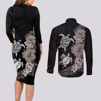 Hawaiian Flower and Tribal Turtle Couples Matching Long Sleeve Bodycon Dress and Long Sleeve Button Shirt Grayscale Mode LT03 - Polynesian Pride