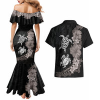 Hawaiian Flower and Tribal Turtle Couples Matching Mermaid Dress and Hawaiian Shirt Grayscale Mode