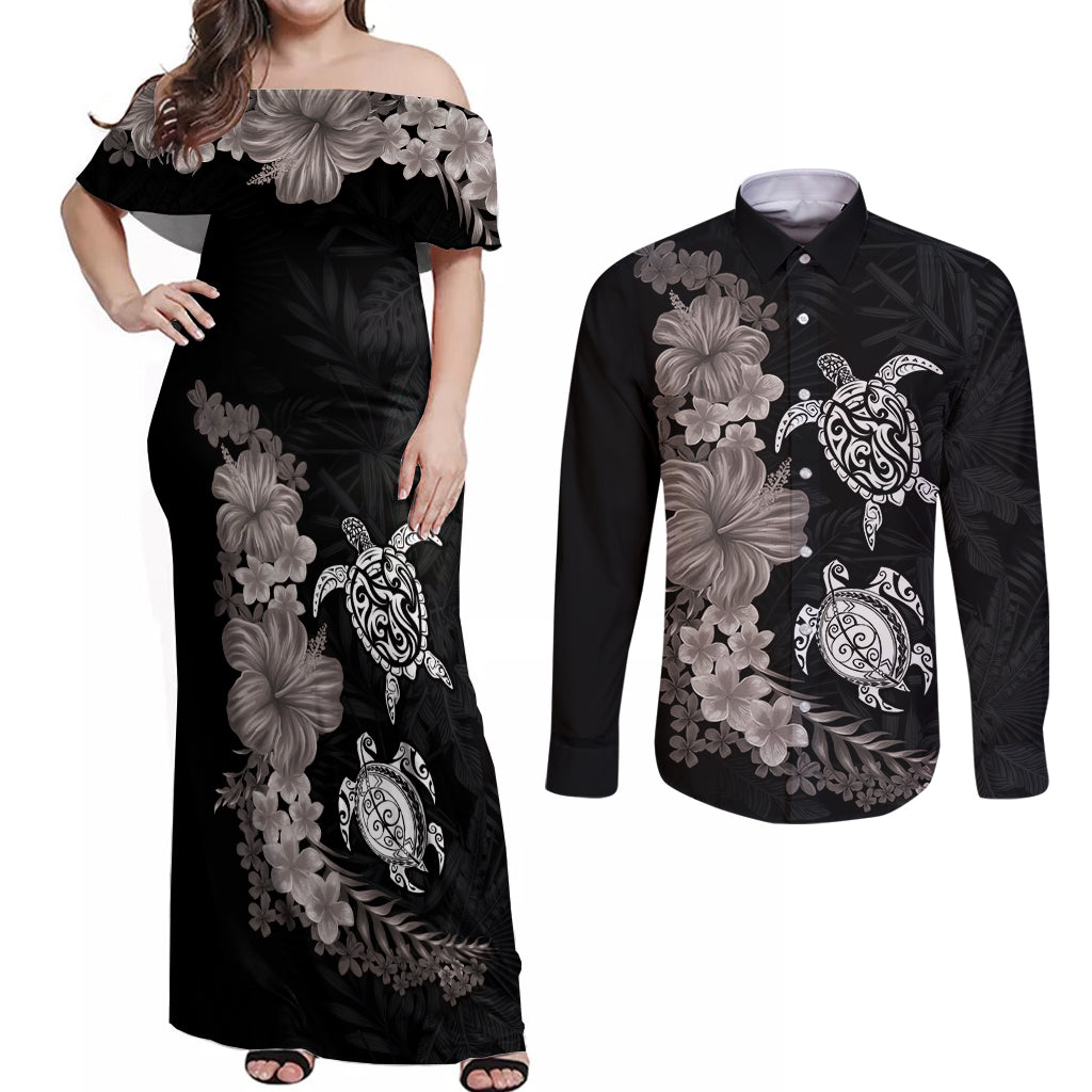 Hawaiian Flower and Tribal Turtle Couples Matching Off Shoulder Maxi Dress and Long Sleeve Button Shirt Grayscale Mode LT03 Black - Polynesian Pride