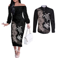Hawaiian Flower and Tribal Turtle Couples Matching Off The Shoulder Long Sleeve Dress and Long Sleeve Button Shirt Grayscale Mode LT03 Black - Polynesian Pride