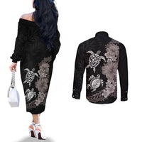 Hawaiian Flower and Tribal Turtle Couples Matching Off The Shoulder Long Sleeve Dress and Long Sleeve Button Shirt Grayscale Mode LT03 - Polynesian Pride